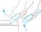'Illustration of two hands each using a utility knife to open a cardboard box. Arrows indicate the cutting direction.'