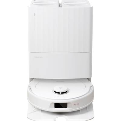 A white robotic vacuum cleaner is situated in a charging station, which serves as a docking station. Compartments for accessories are visible on the top.