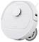 A white, round robot vacuum cleaner with grey accents and a visible wheel at the side.