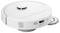 A white, round robotic vacuum cleaner on a white background. The robot has sensors and is equipped with rotating brushes.