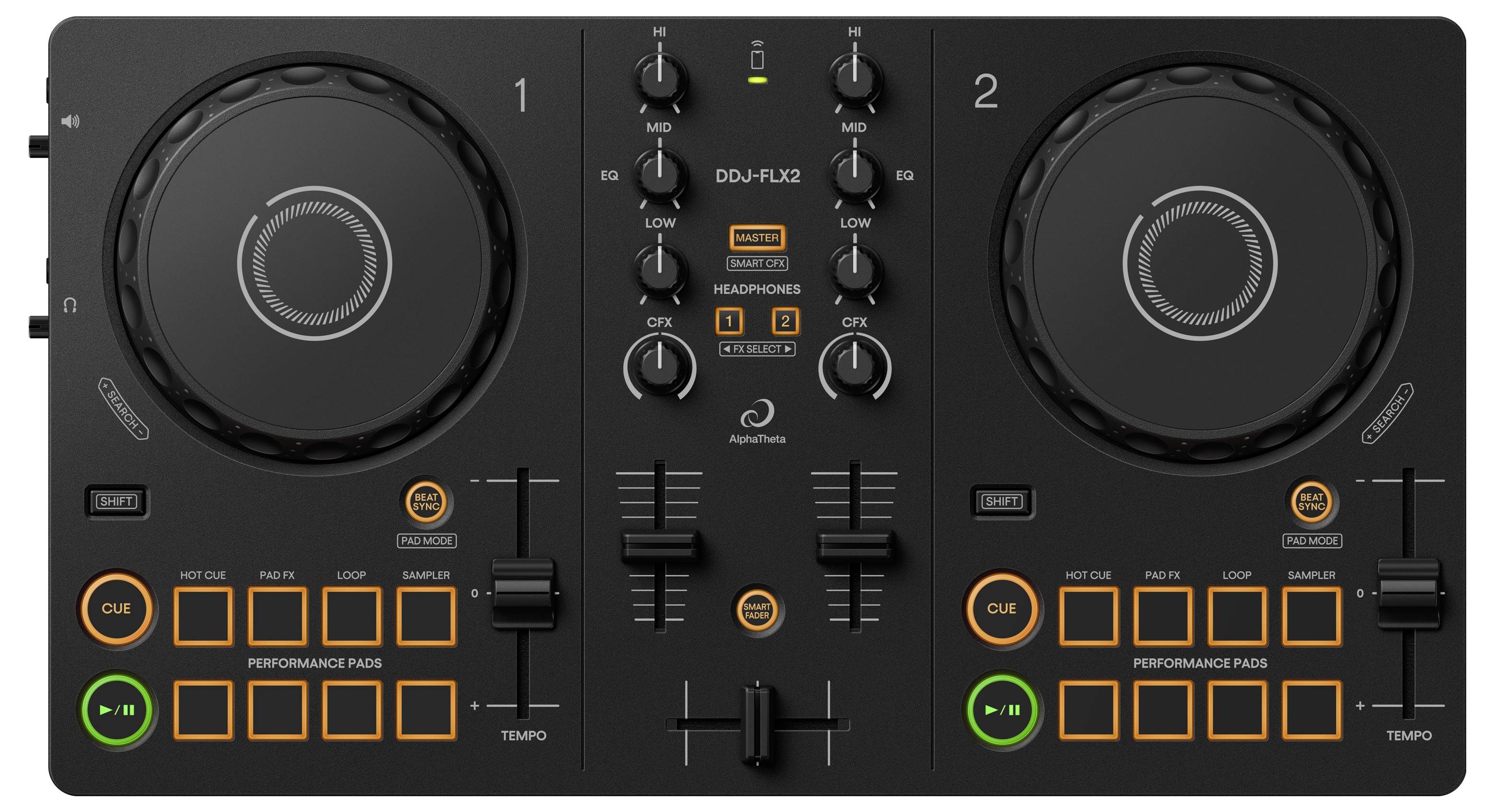 DJ mixing desk with two turntables, various sliders and buttons for music control.