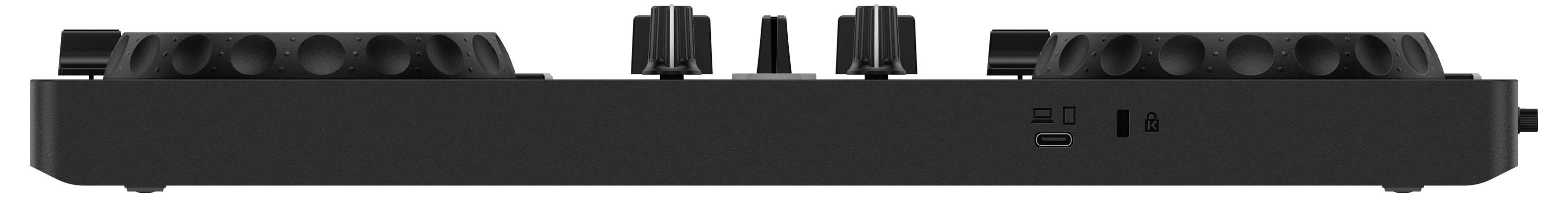 The DJ controller viewed from the side reveals rotary, fader, and control knobs. This surface enables precise music adjustments.