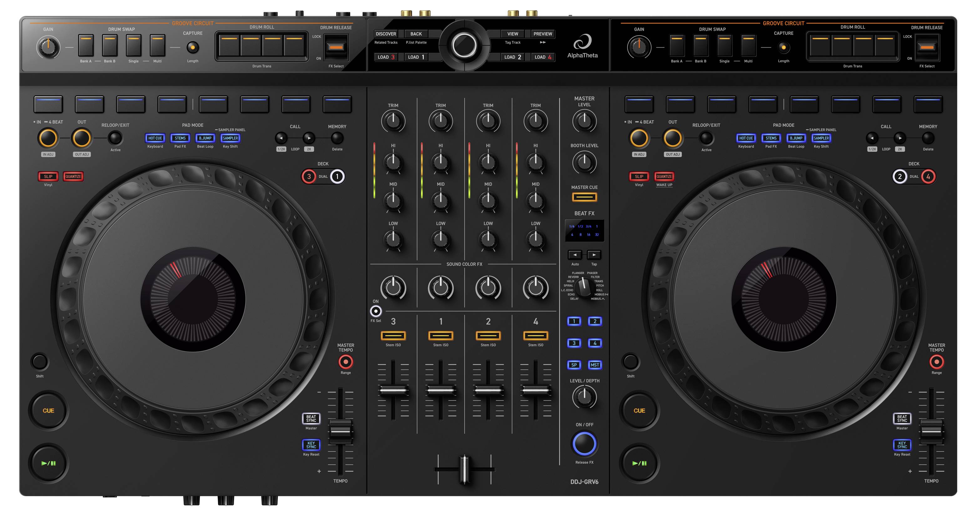 DJ controller with two jog wheels, mixer section in the centre, with various sliders and buttons for mixing music.