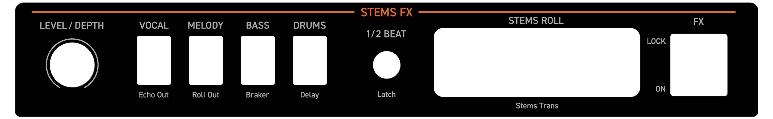 Digital control panel for audio effects management. Contains controls for Level/Depth, Vocal, Melody, Bass, Drums and Effects section.