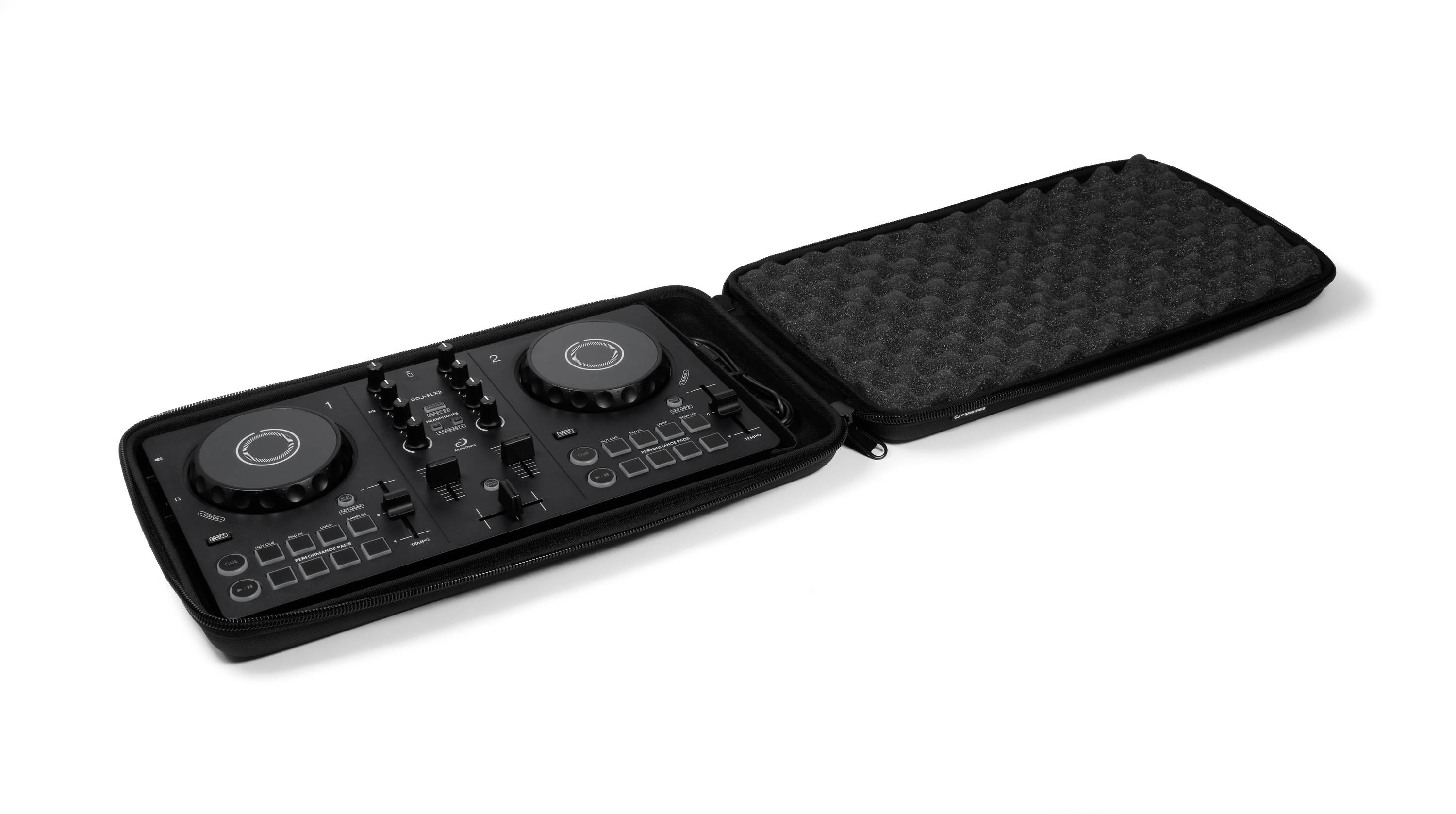 DJ controller in an open, black hard case with foam padding, displaying controls and jog wheels.