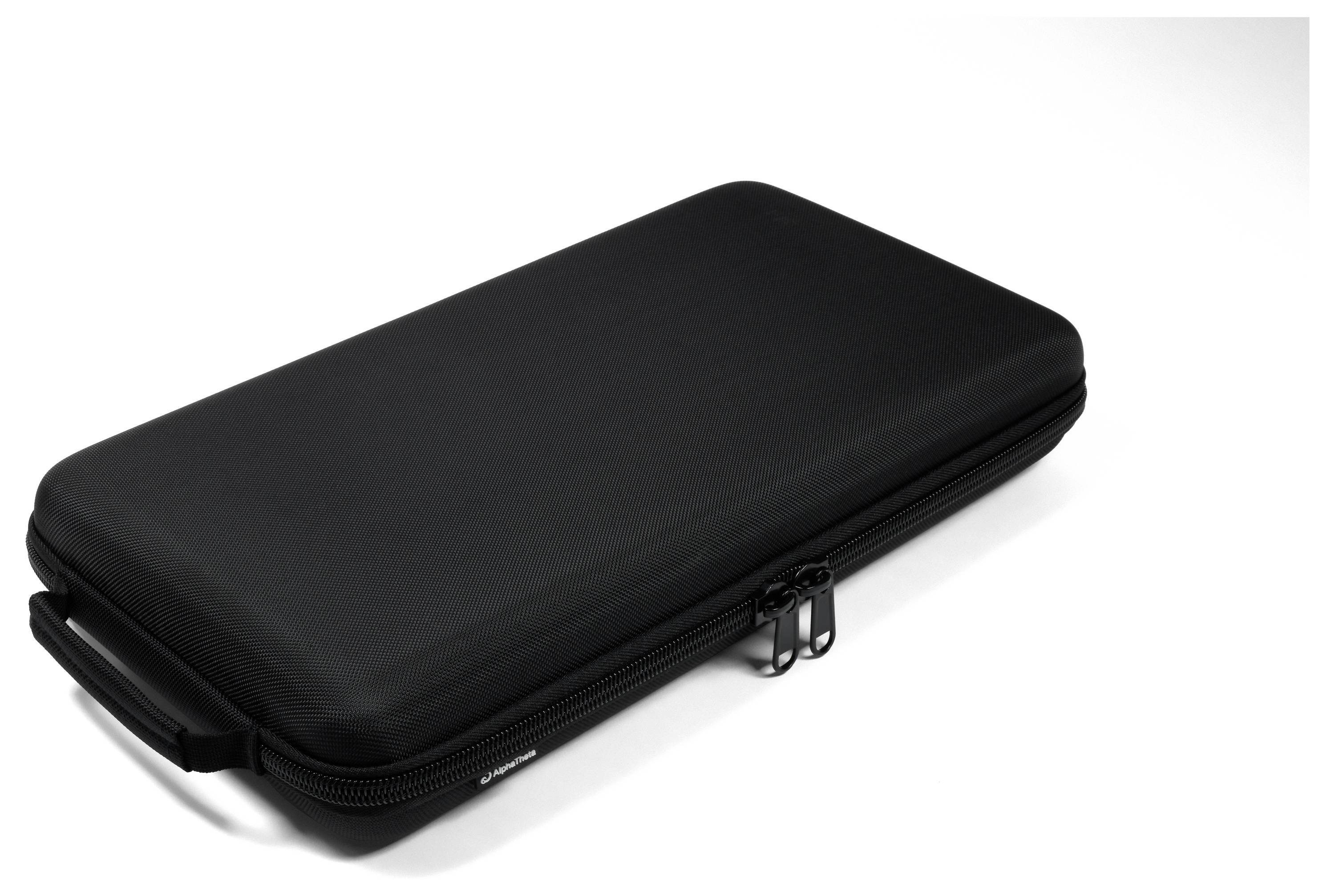 Black, rectangular case with zip fastener and carrying handle, lying flat on white background.