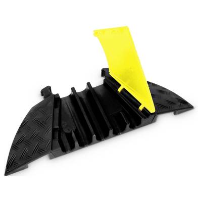Black cable bridge with an open yellow lid, suitable for protecting cables on the ground. Ideal for events.
