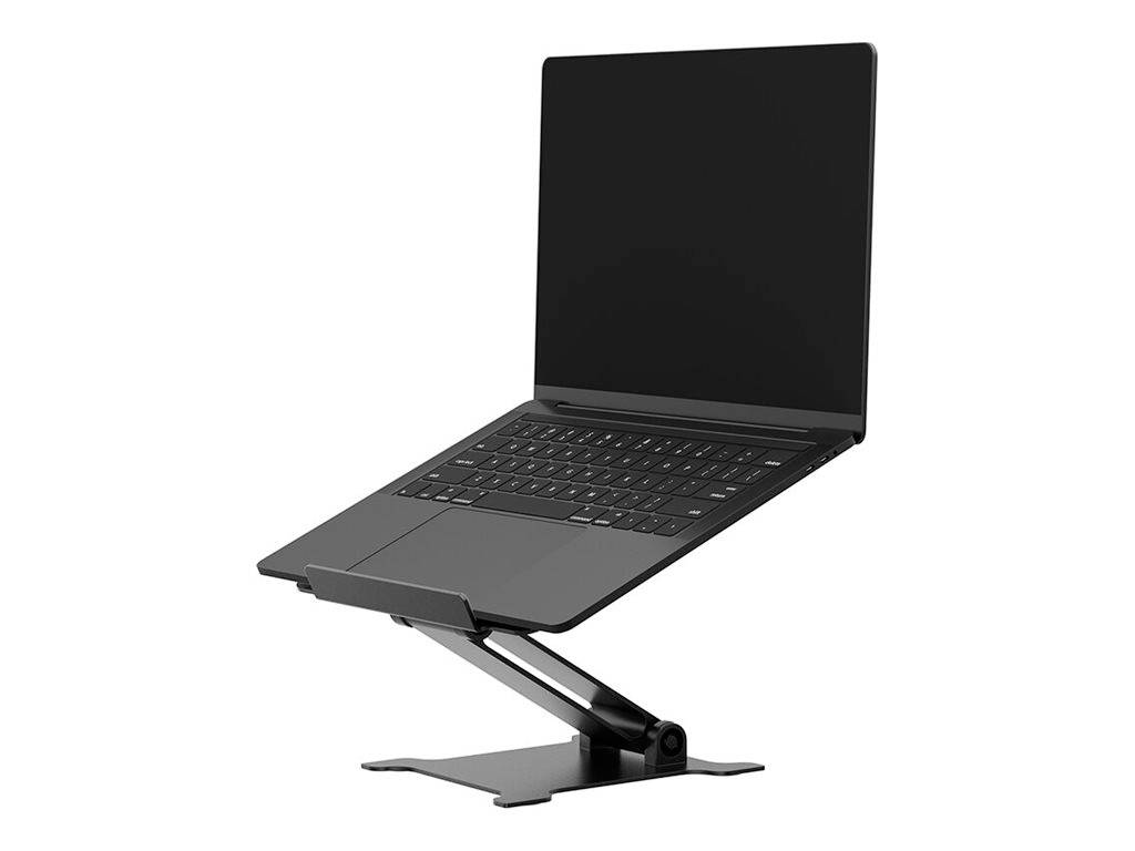 A black laptop sits on an adjustable, black stand. The screen is dark. The stand elevates the laptop.