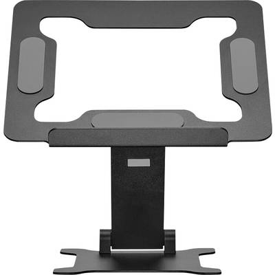 Black metal laptop stand with adjustable height and non-slip surface, suitable for ergonomic workstations.