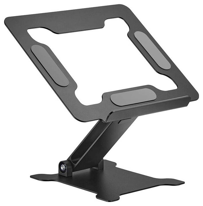 A black adjustable laptop stand with a sturdy base. The stand raises and tilts laptops for improved ergonomics and ventilation.