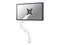 A white monitor mount attached to a desk offers flexible monitor positioning for ergonomic workspaces.