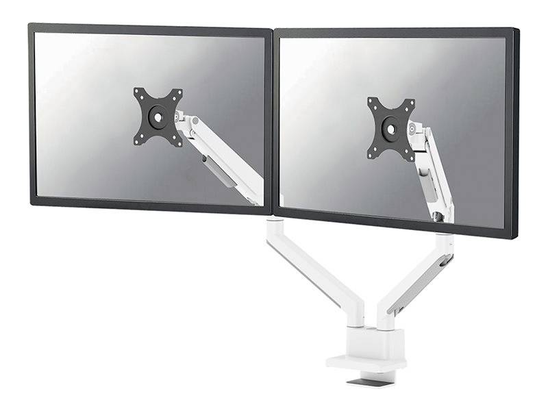 Two monitor mounting brackets with flexible arms, side by side on a desk.