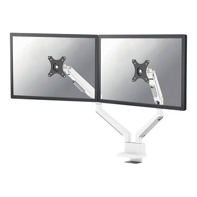Two monitor mounting brackets with flexible arms, side by side on a desk.