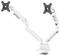 Two white, adjustable monitor arms forming a dual-arm mount, suitable for attaching screens to a desk.