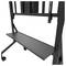 A black, mobile stand with a shelf, suitable for flat-screen televisions or monitors. On castors for easy movement.