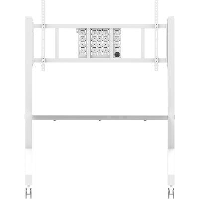 A height-adjustable, white TV stand with castors, suitable for flexible room design and presentation purposes.