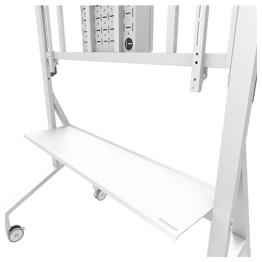 Metal frame with castors, adjustable brackets and a lower shelf for monitors or screens.