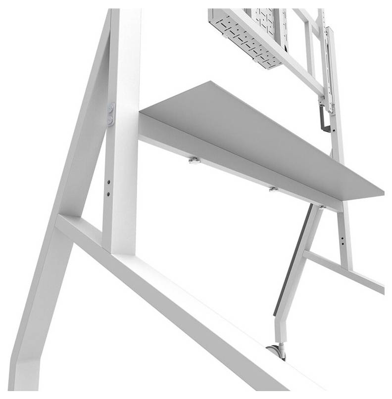 A contemporary, white, architectural shelving system with rectangular shelves and a robust, angled metal structure.