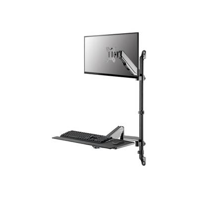 Monitor mount with keyboard tray attached to a swivel arm, provides an ergonomic workspace with flexible positioning.