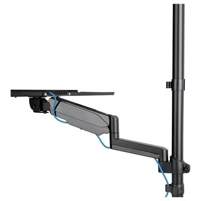 A black monitor arm with cable management, attached to a vertical pole. Suitable for adjustable monitors.
