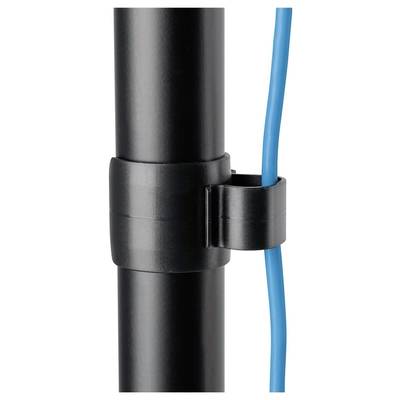 A black cable clip holds a blue cable fastened to a black pipe.