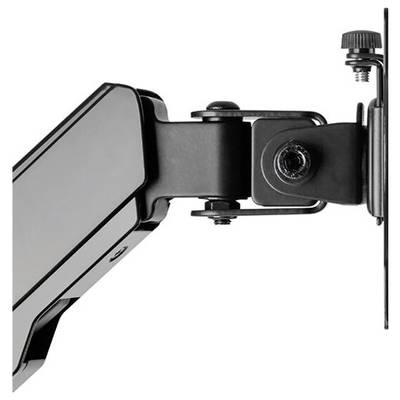 Black monitor arm with joint mount and screw bracket, shows technical setup for monitors or screens.