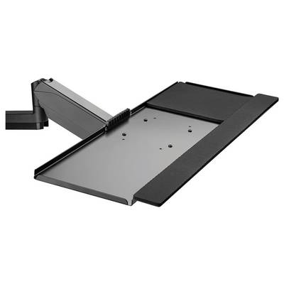 A black keyboard tray with an adjustable arm, suitable for ergonomic workstations, provides support for keyboard and mouse.