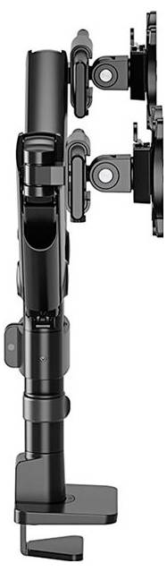 Two black monitor arms in side view, mounted side by side. Shows details of joints and cable management.