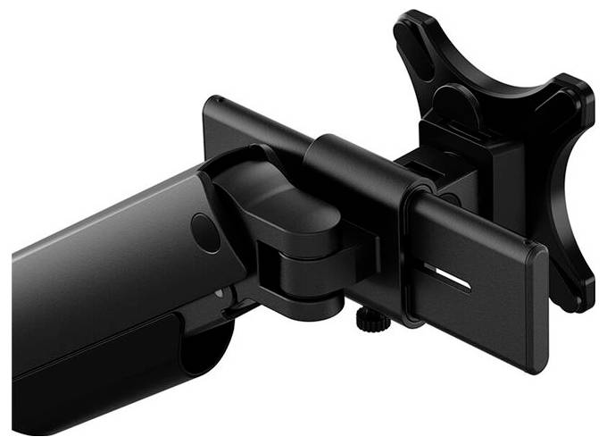 A black, adjustable monitor arm, partially folded, displays its joints and mounting plate against a light background.