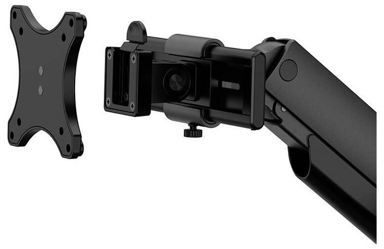 A black monitor arm with mounting bracket and articulated mechanism, ready for screen installation.