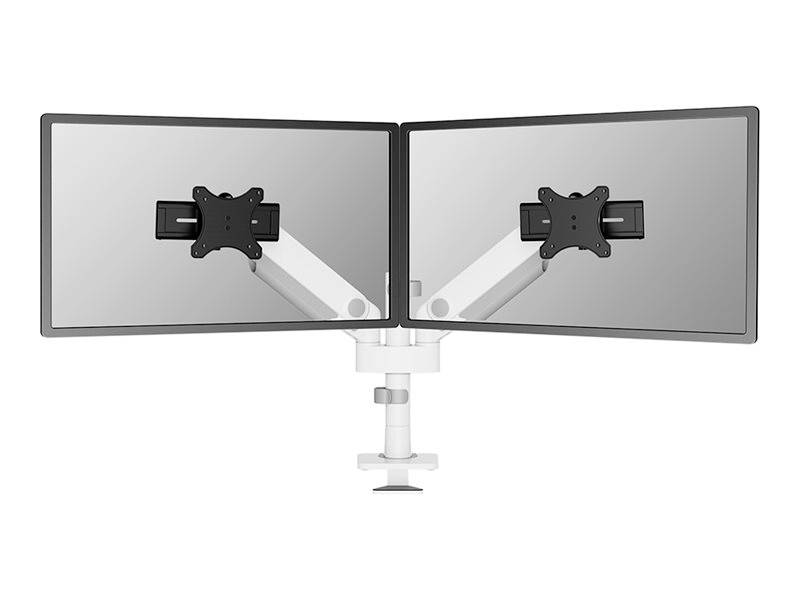 'Two monitors side by side on an adjustable dual-arm monitor mount, with no displayed content. Ideal for offices.'