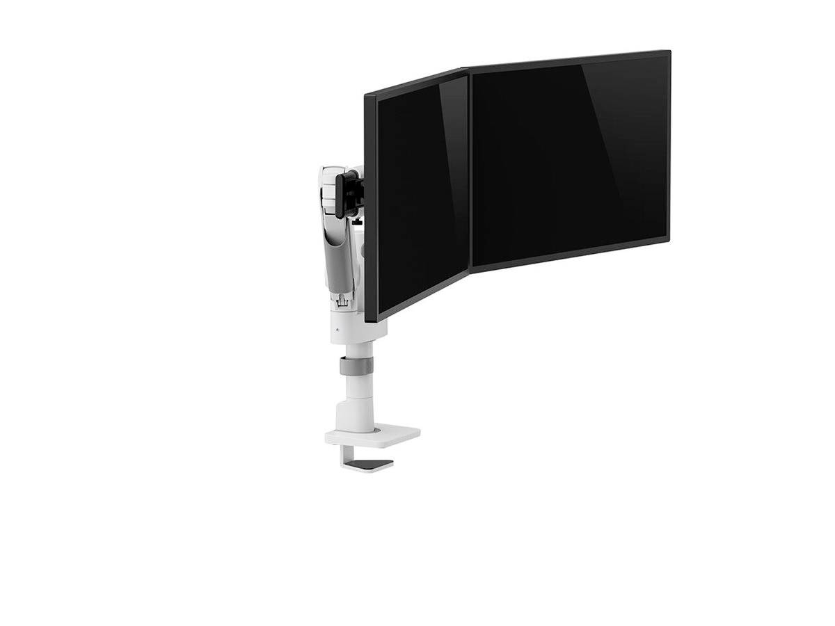 An ergonomic monitor arm holds two black screens side by side, mounted on a white stand, against a white background.