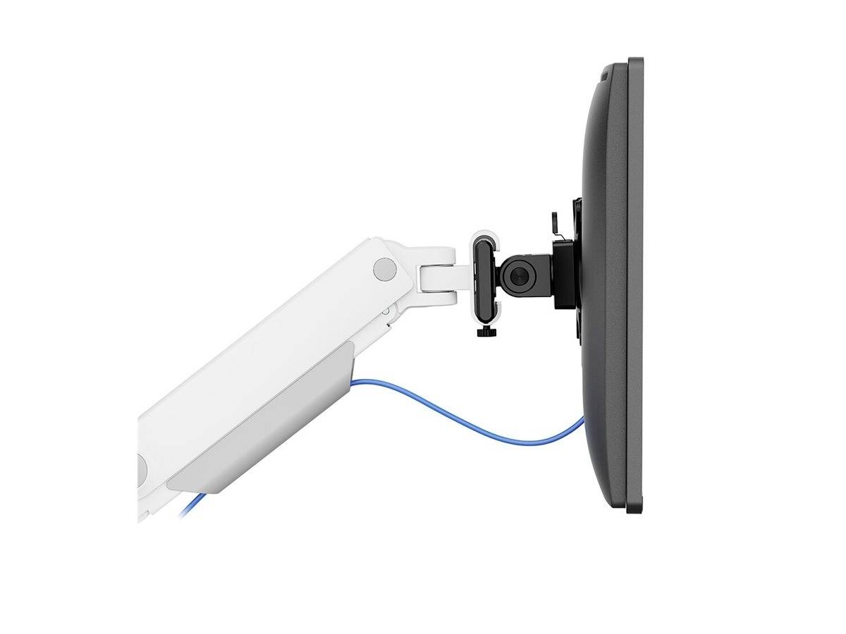 Side view of a monitor arm with a monitor attached and a blue cable leading out.