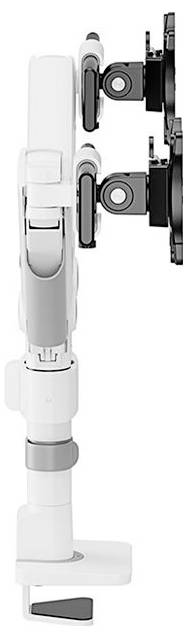 Side view of a white monitor arm with two VESA mounts for attaching displays. Suitable for office desks.