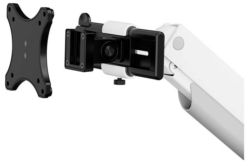 A monitor arm with a joint connection, ready to be mounted on a VESA mount that hovers on the left side of the image.