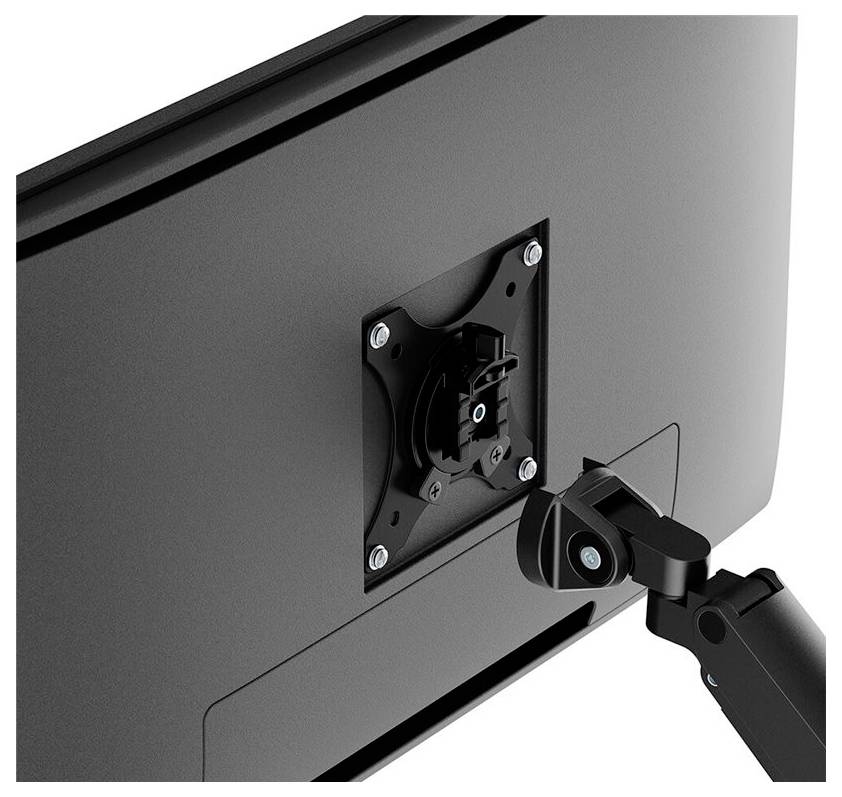 Back of a monitor with a VESA mount and articulating arm. Mounting holes visible, suitable for flexible display positioning.