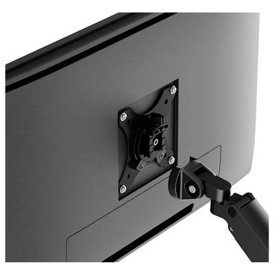 Back of a monitor with a VESA mount and articulating arm. Mounting holes visible, suitable for flexible display positioning.