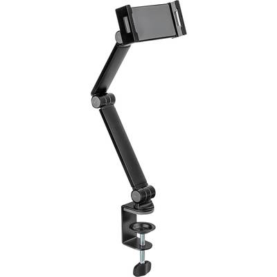 Black, flexible, adjustable smartphone table holder. With clamp for attaching to table edges. Adjustable arms and robust construction.