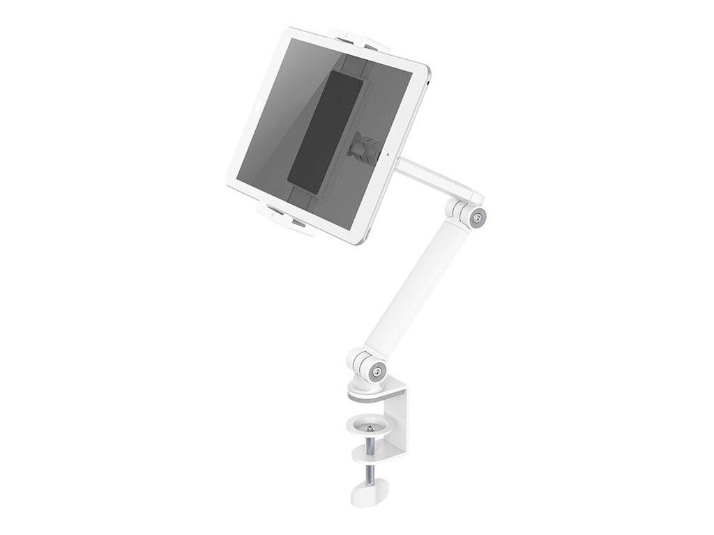 Tablet Holder with Adjustable Articulating Arm, White, for Desk Mounting. The holder can be tilted and positioned upright. Ideal for hands-free use.