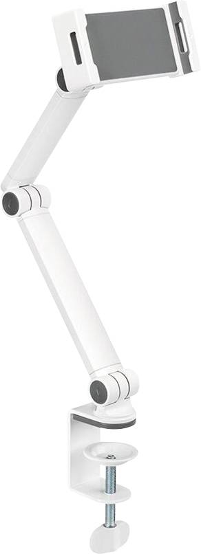 Adjustable white monitor arm with desk mounting, suitable for displays, featuring multiple joints for flexible positioning.