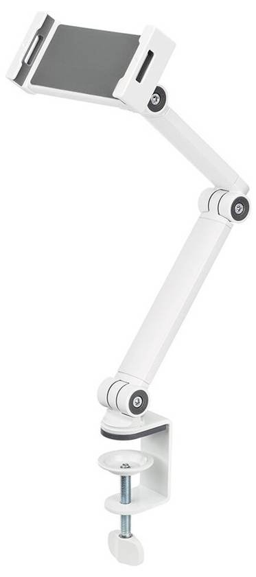 Adjustable white tablet holder with a clamp for attaching to a table. Flexible joints allow for various positions.