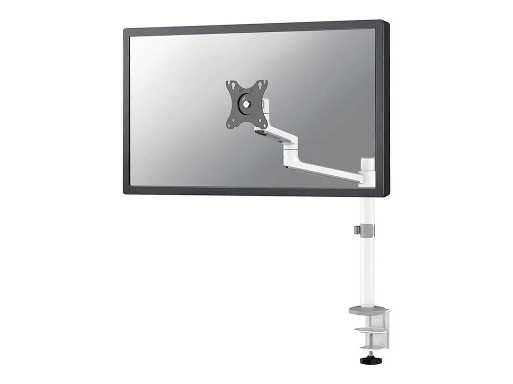 A slim computer monitor mounted on a white, adjustable monitor arm. The monitor is attached to a desk.