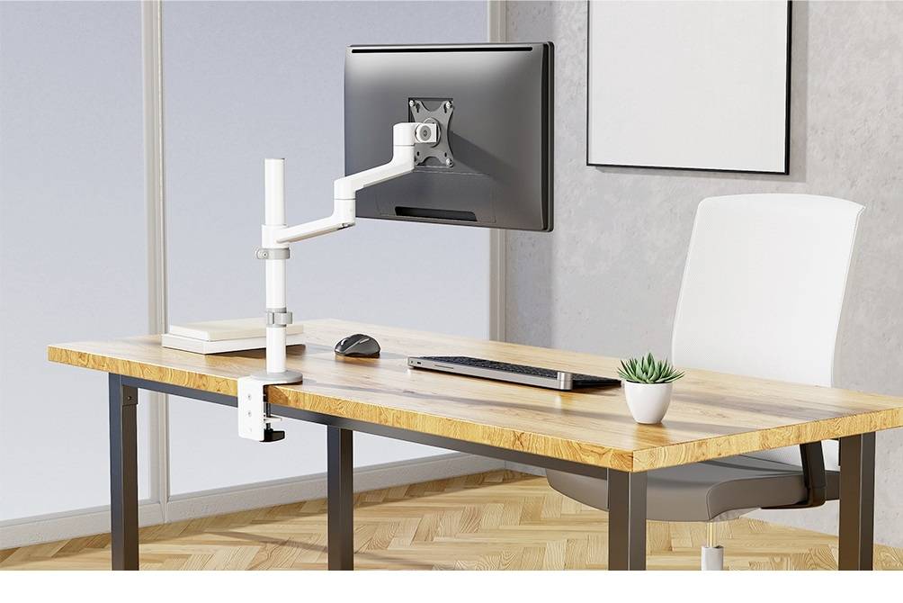 A modern desk with a monitor arm, on which a monitor is mounted. Beside it are a keyboard, a mouse, and a small plant.