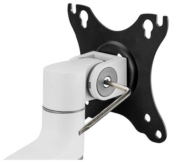 White monitor arm with black mounting bracket and installation tools shown.