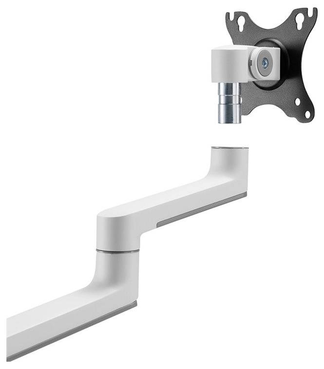 A height-adjustable monitor arm in white, with a metallic mounting bracket for computer screens, suitable for desks.
