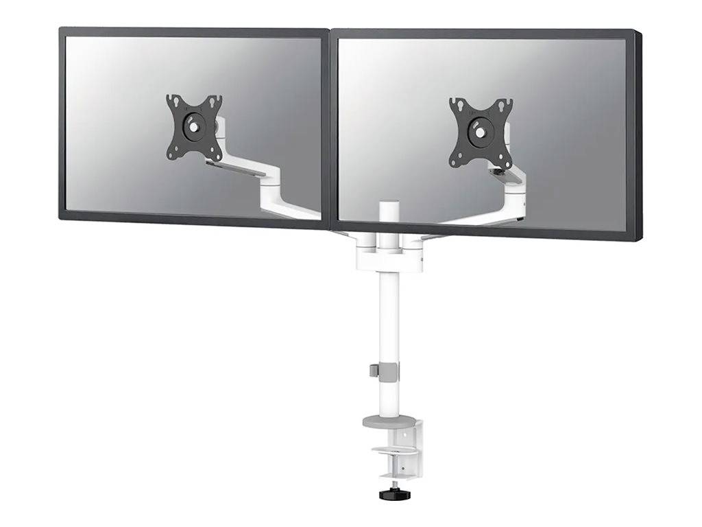 Two side-by-side mounted monitor arms with adjustable arms on a desk stand, suitable for screen positioning.
