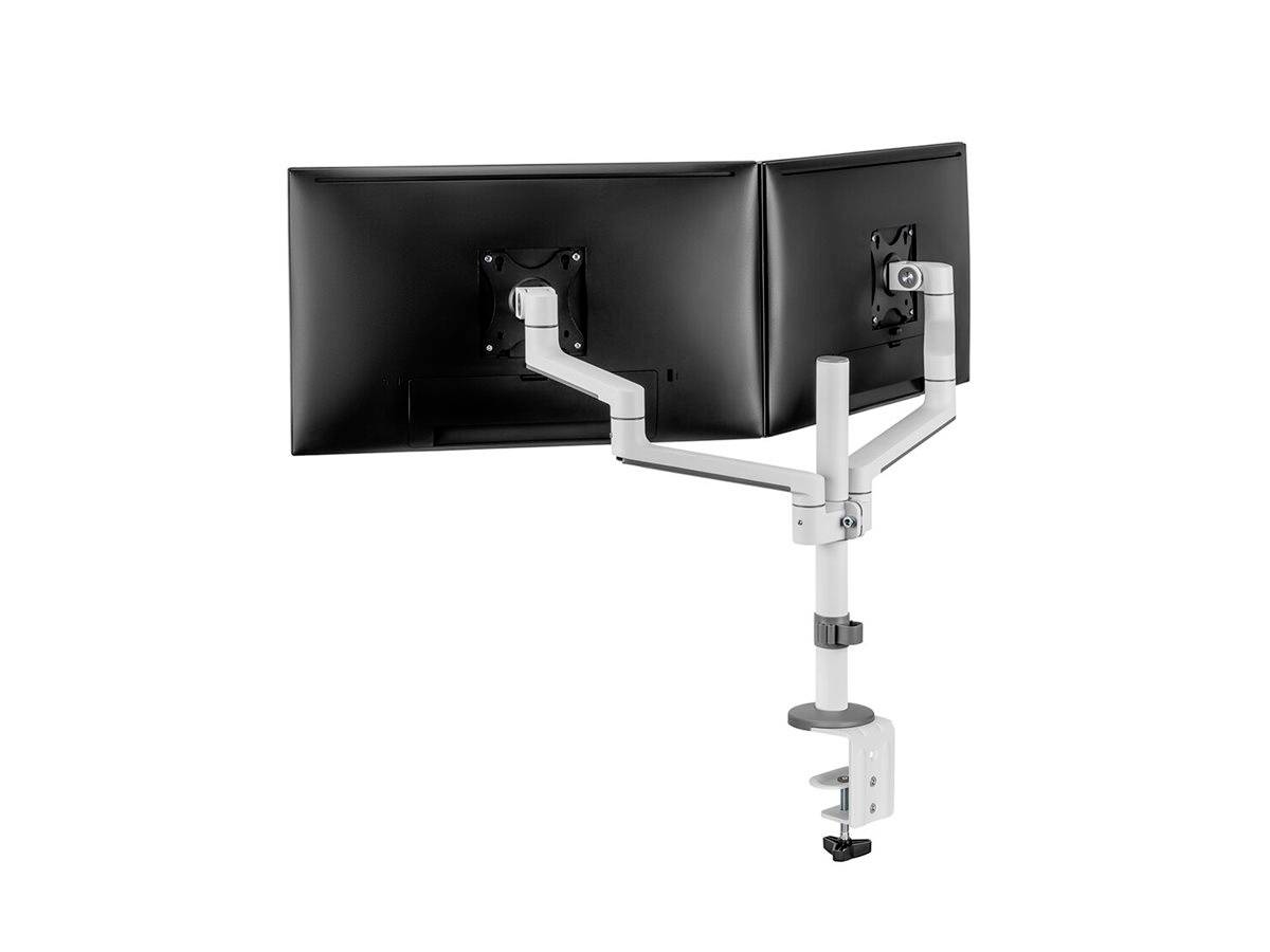 A dual monitor mount shows two screens fixed side by side on an adjustable arm.