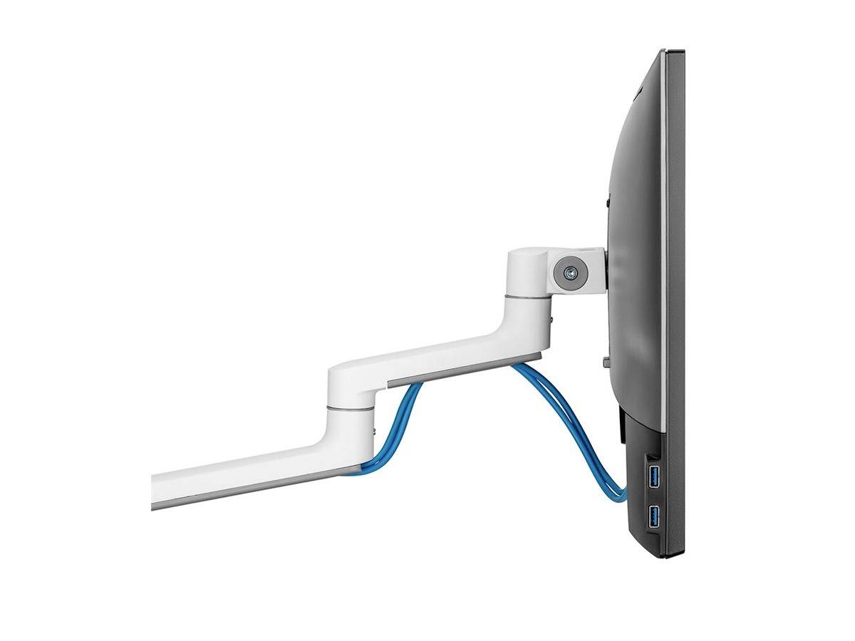 Side view of a monitor on a white, movable arm with integrated cables. The monitor has two USB ports on its side.