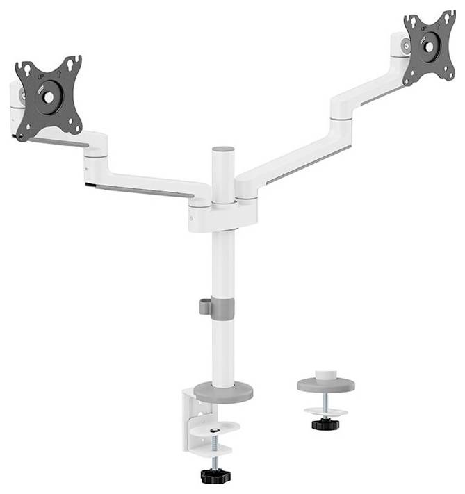 Two-arm Monitor Holder in White, suitable for mounting two monitors on a desk. Adjustable heights and tilts.