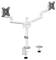 Two-arm Monitor Holder in White, suitable for mounting two monitors on a desk. Adjustable heights and tilts.